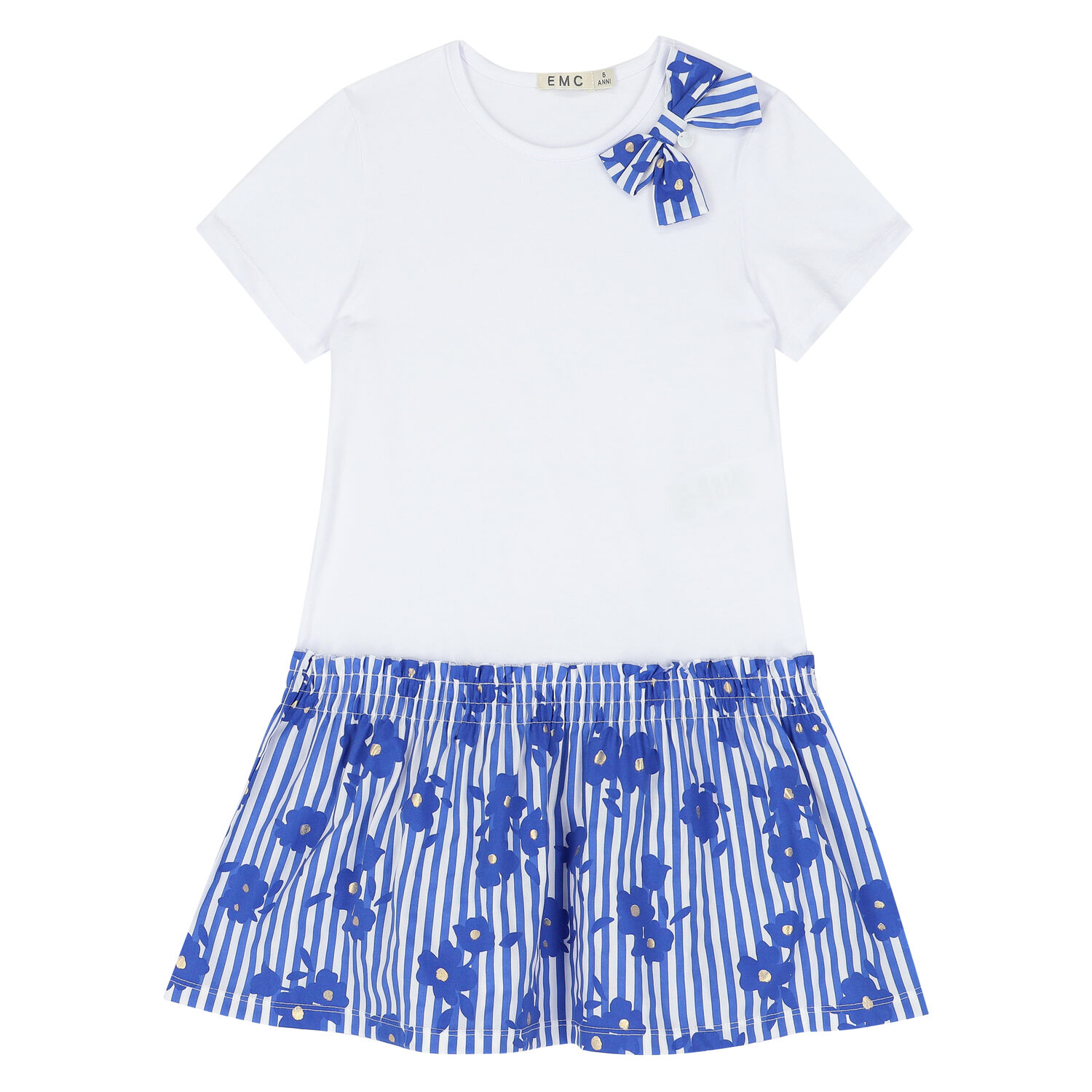 Girls White & Blue Bow Dress, 1, hi-res