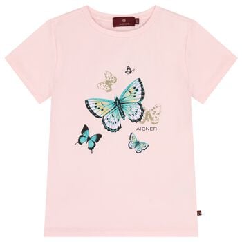 Girls Pink Butterflies Logo T-Shirt
