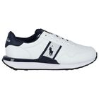 Boys White & Navy Blue Logo Trainers, 1, hi-res