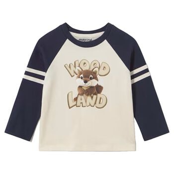 Younger Boys Ivory & Navy Blue Fox Long Sleeve Top