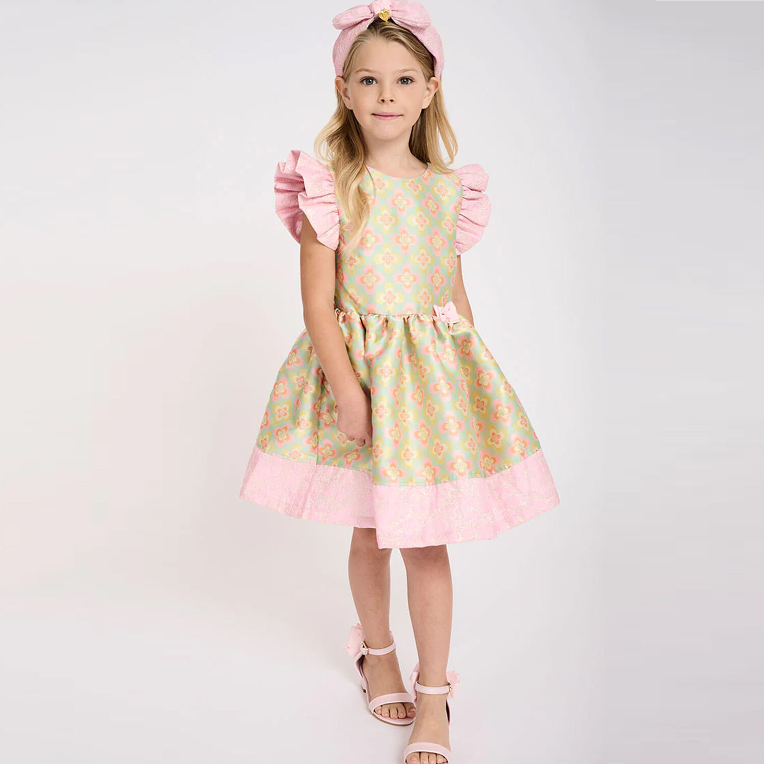 Girls Pink & Green Jacquard dress, 1, hi-res