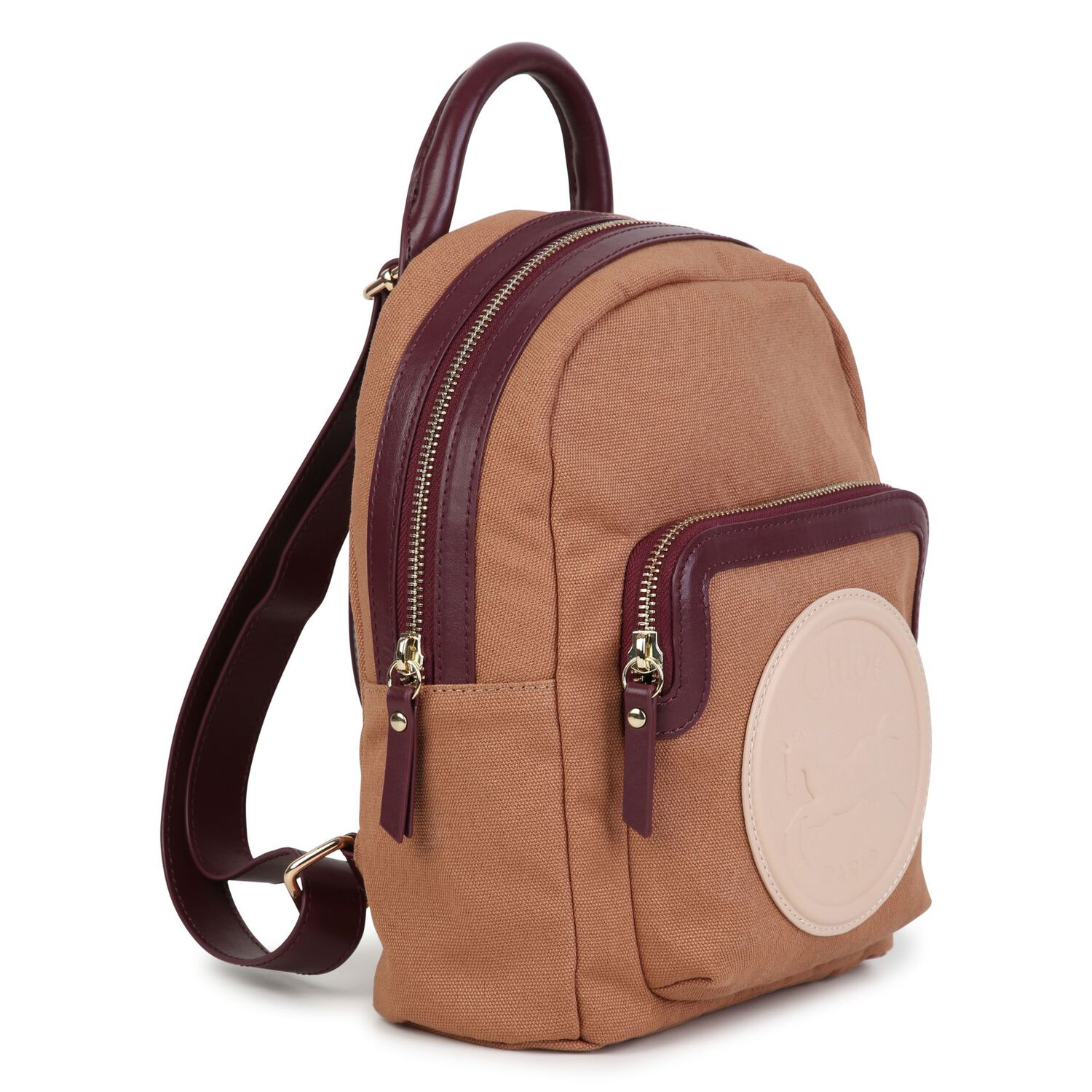 Girls Beige Canvas Horse Logo Backpack ( 26cm ), 1, hi-res