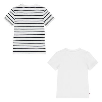 Younger Boys White & Ivory Striped Logo T-Shirts (2 Pack)