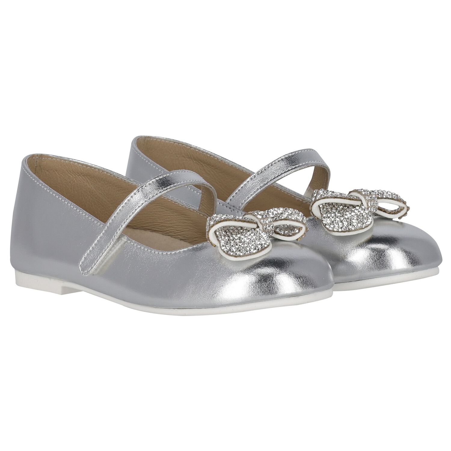 Girls Silver Embellished Bow Shoes, 1, hi-res