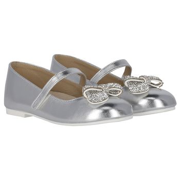 Girls Silver Embellished Bow Shoes