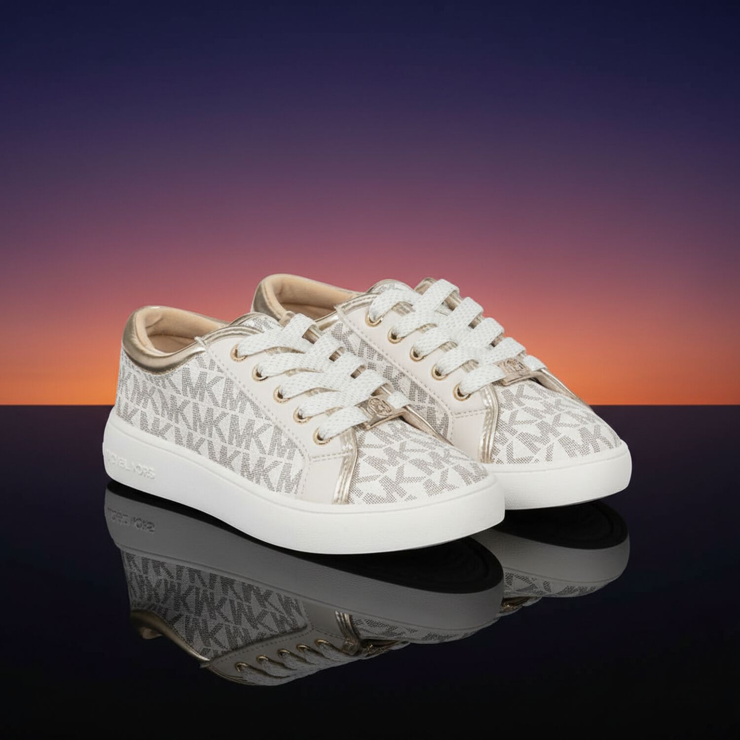 Girls Ivory & Gold Logo Trainers, 1, hi-res