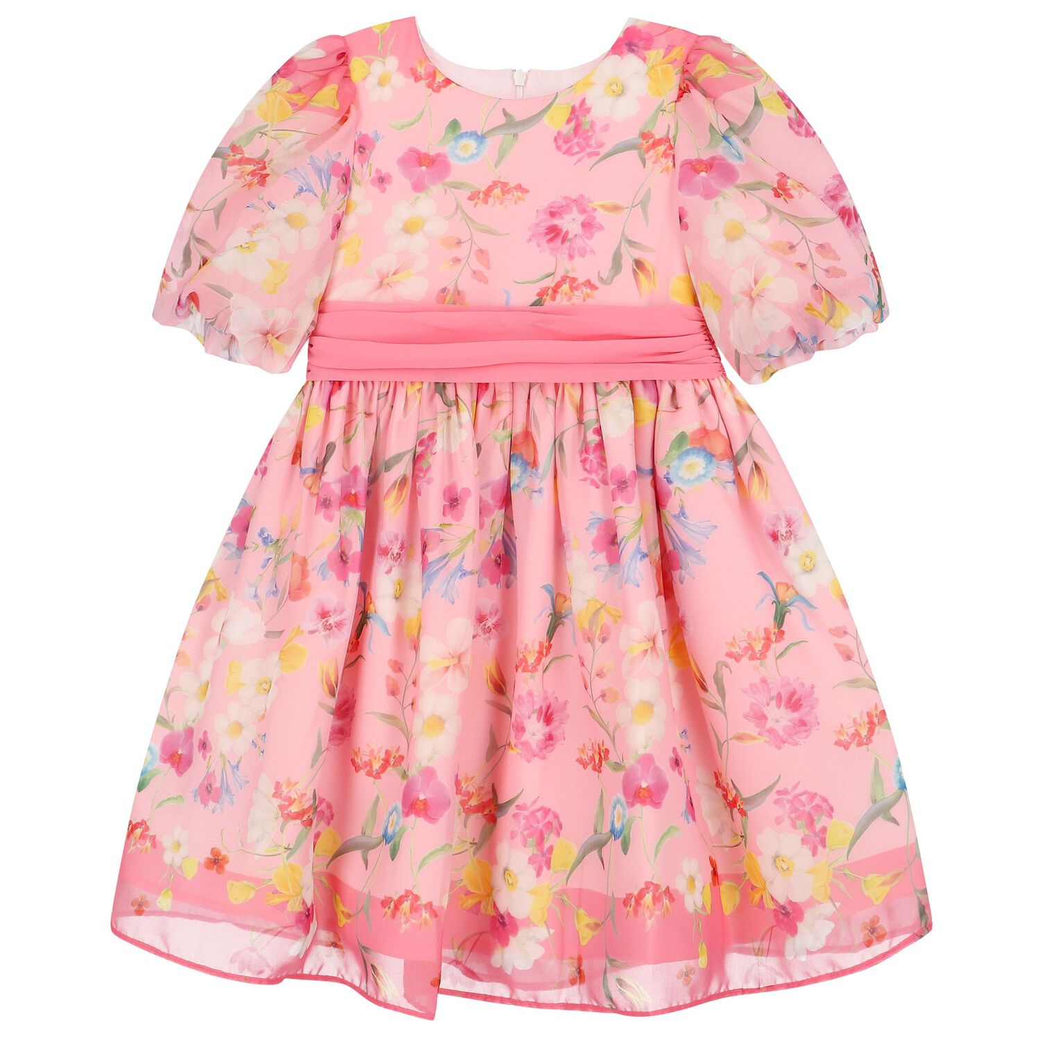 Girls Pink Floral Chiffon Dress, 2, hi-res