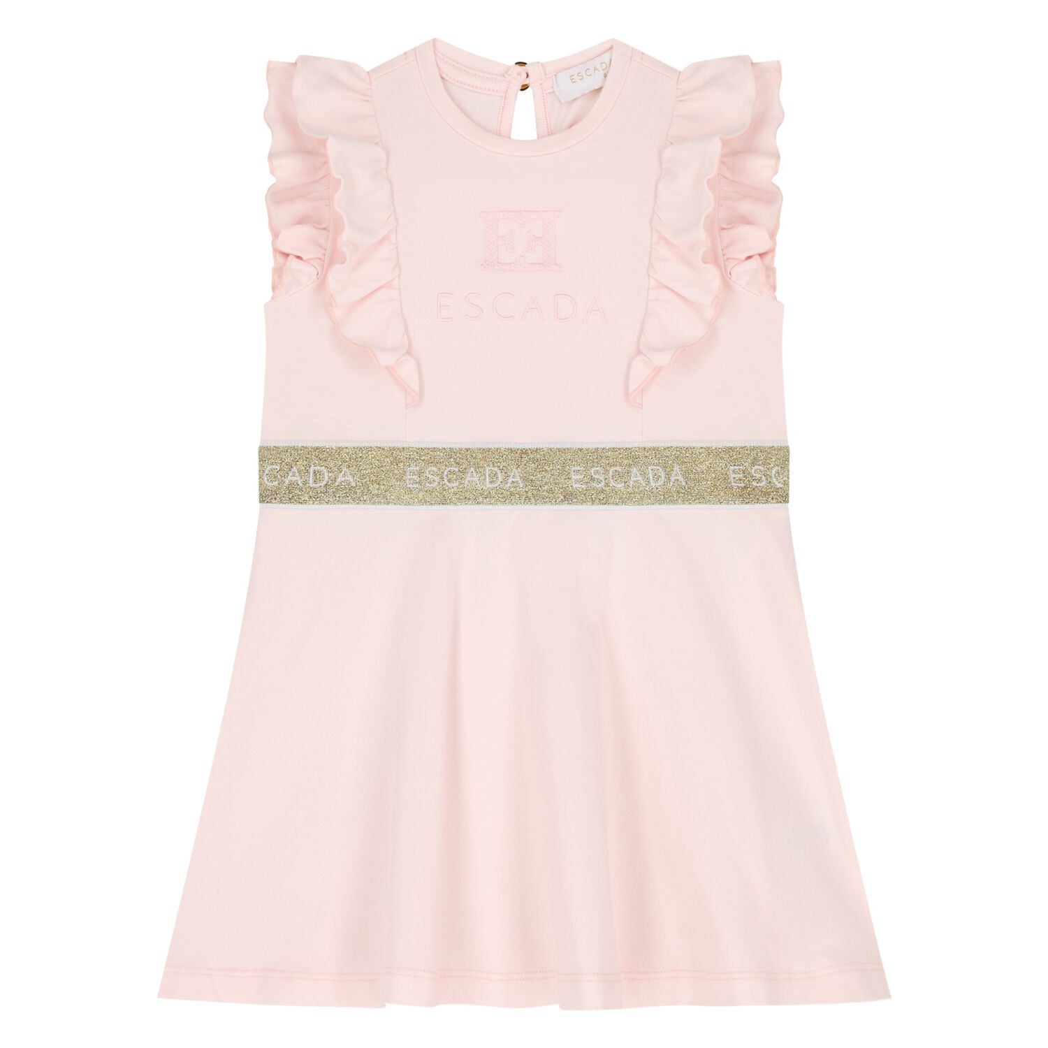 Younger Girls Pink & Gold Ruffled Logo Dress, 2, hi-res