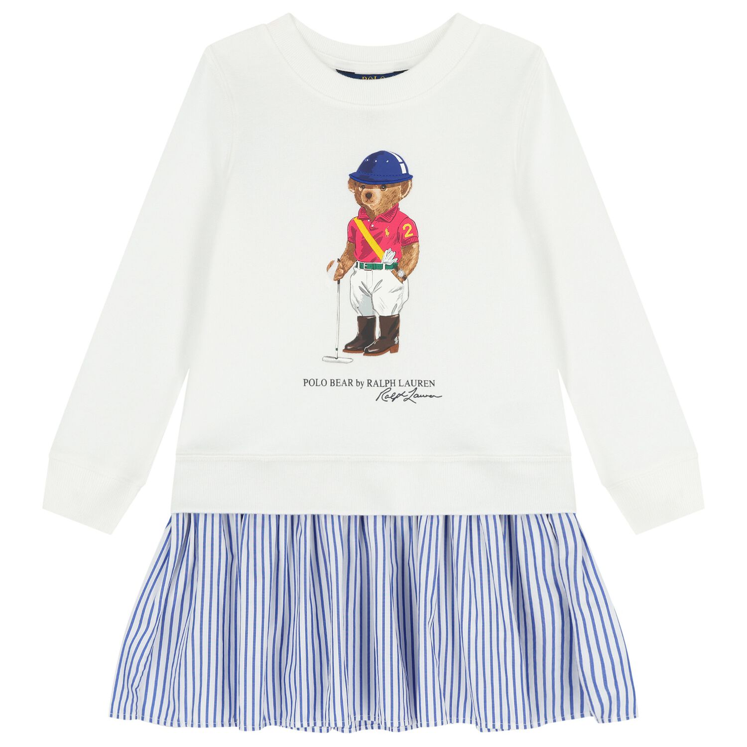 Girls White Polo Bear Dress , 1, hi-res