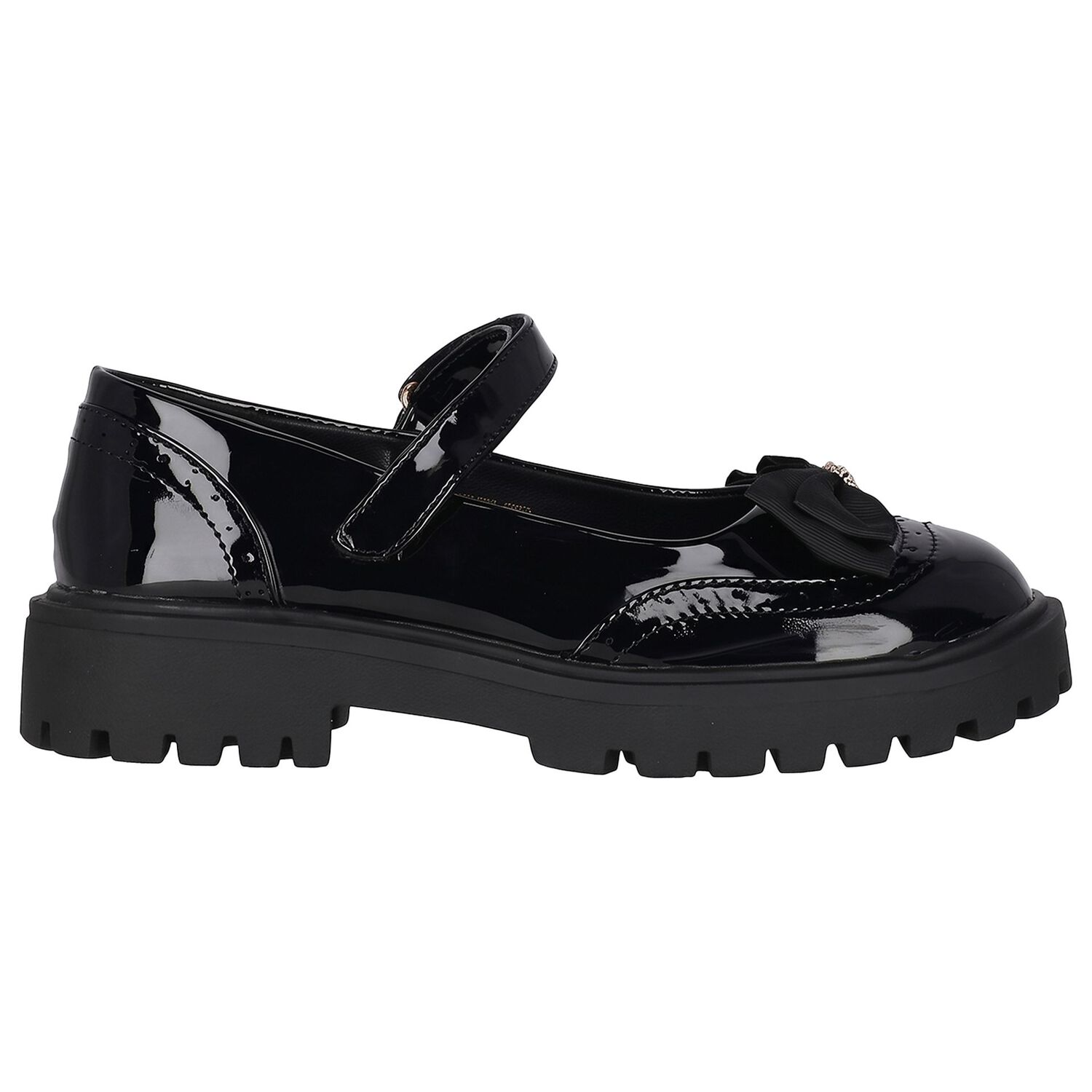 Girls Black Bow Leather Shoes, 1, hi-res