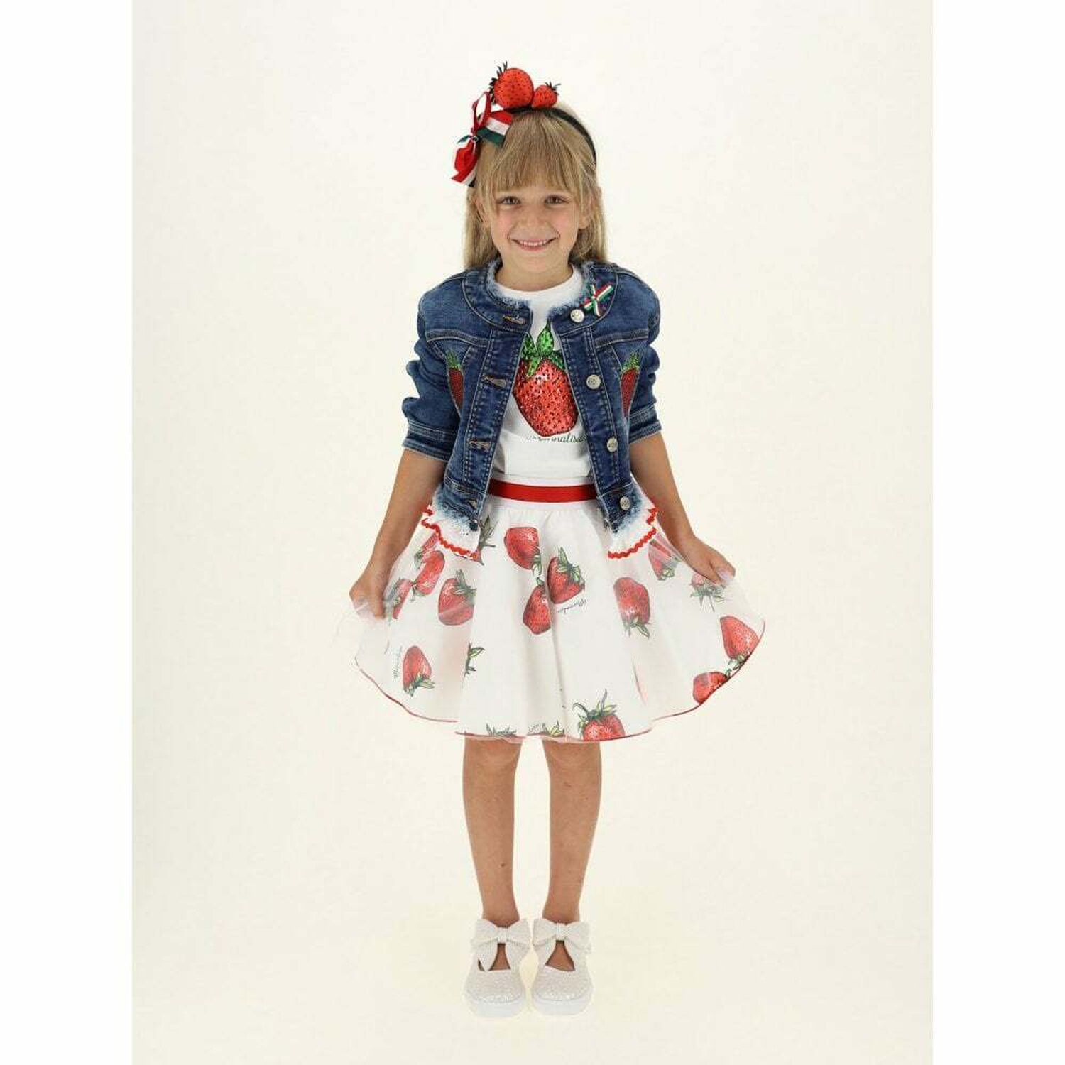 Girls White Strawberry Skirt, 1, hi-res