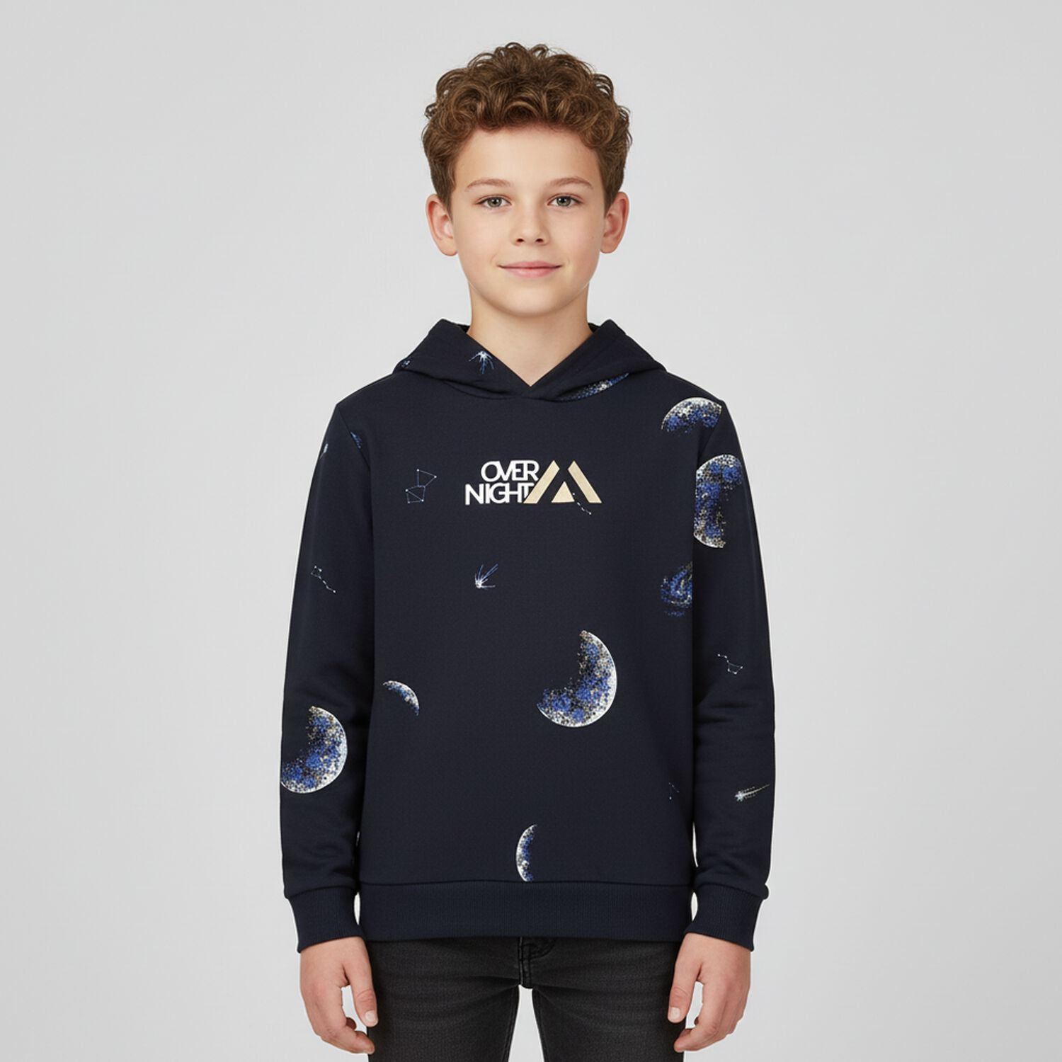 Boys Navy Blue Space Hooded Top, 1, hi-res