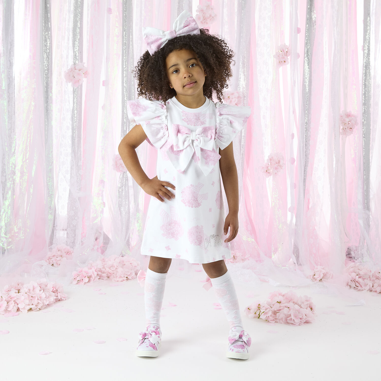 Girls White & Pink Bow Floral Print Dress, 1, hi-res image number null