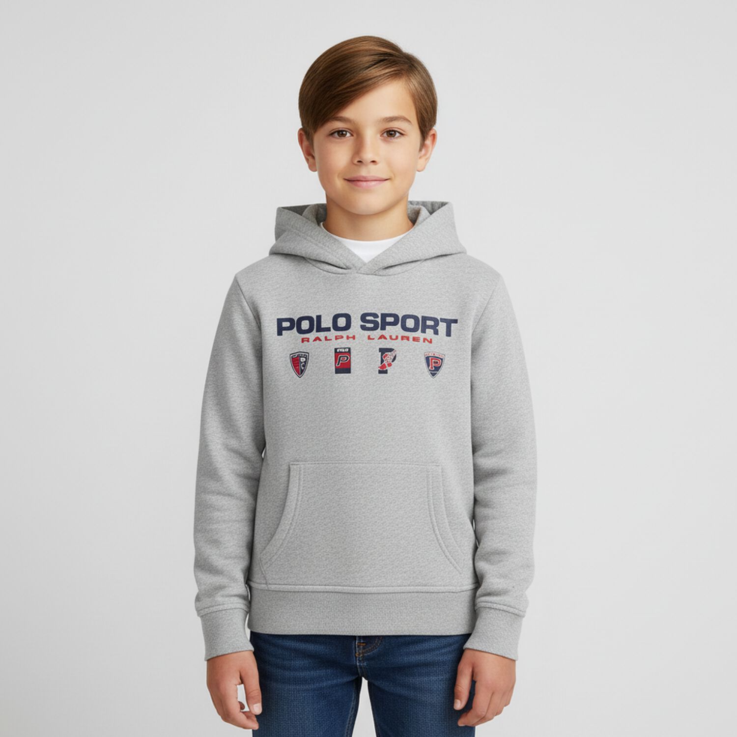 Boys Grey Logo Hooded Top, 1, hi-res