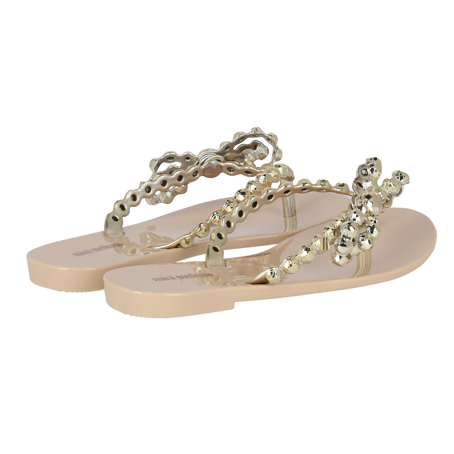 Girls Beige & Gold Bow Flip Flops, 2, hi-res
