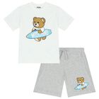 Boys White & Grey Teddy Bear Logo Shorts Set, 1, hi-res