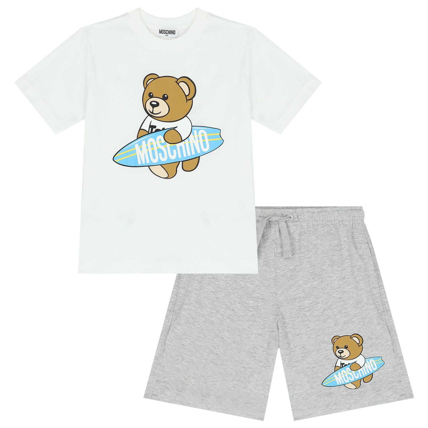 Boys White & Grey Teddy Bear Logo Shorts Set, 1, hi-res