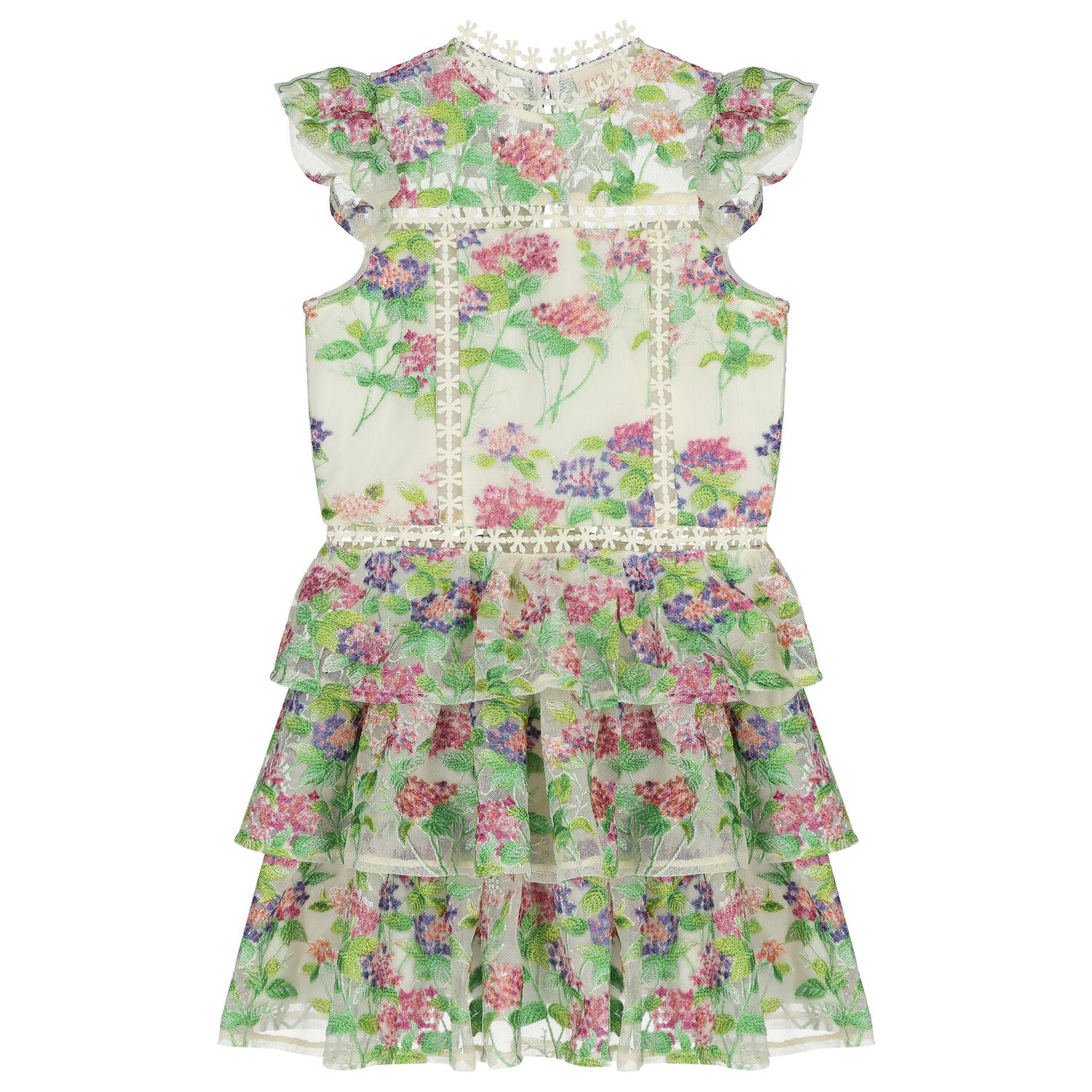 Girls Ivory & Green Embroidered Floral Dress, 1, hi-res