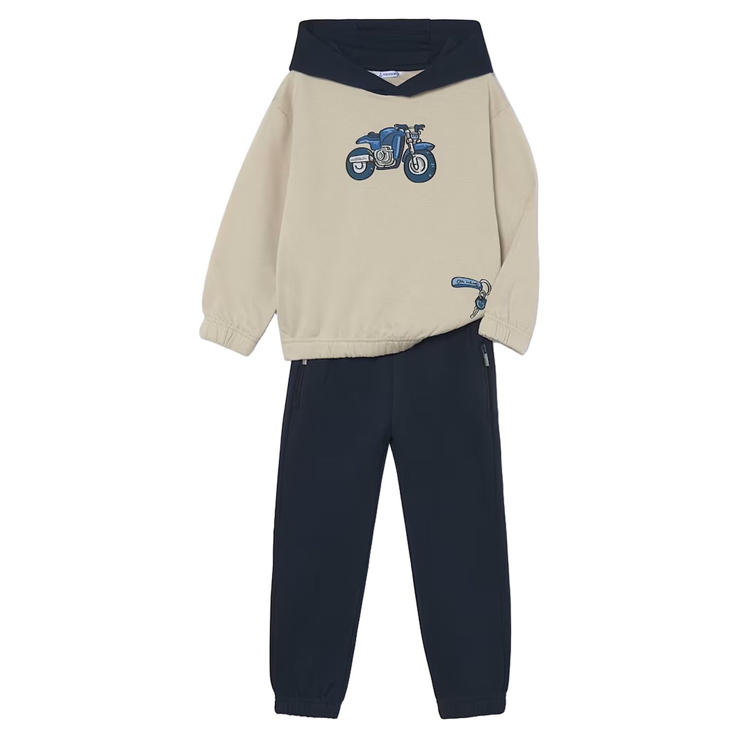 Boys Beige & Navy Blue Motorbike Tracksuit, 1, hi-res