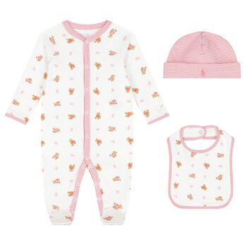 Baby Girls White & Pink Polo Bear Babygrow Gift Set