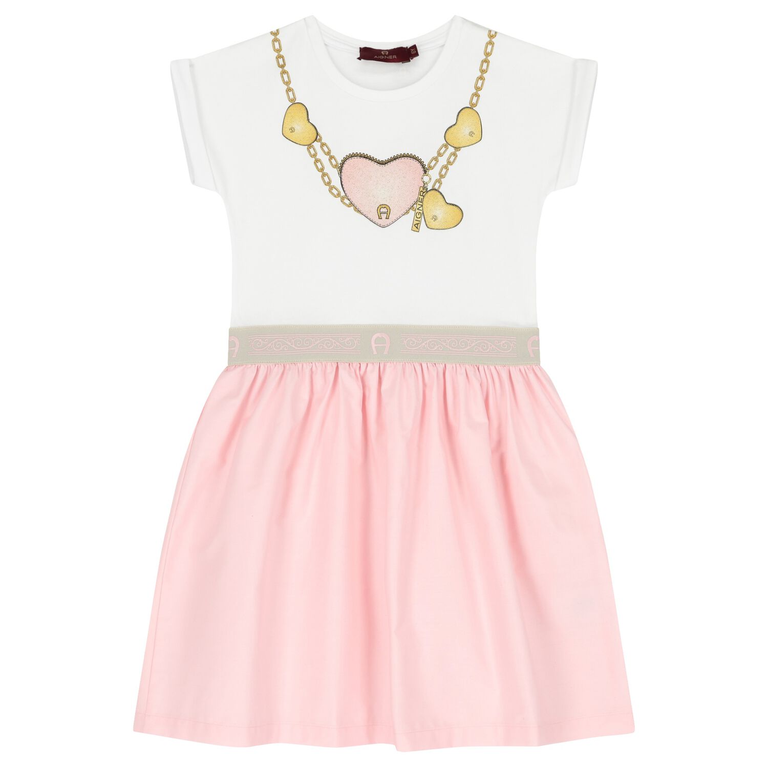 Girls White & Pink Heart Dress, 2, hi-res