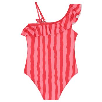 Girls Red & Pink Striped Swimsuit