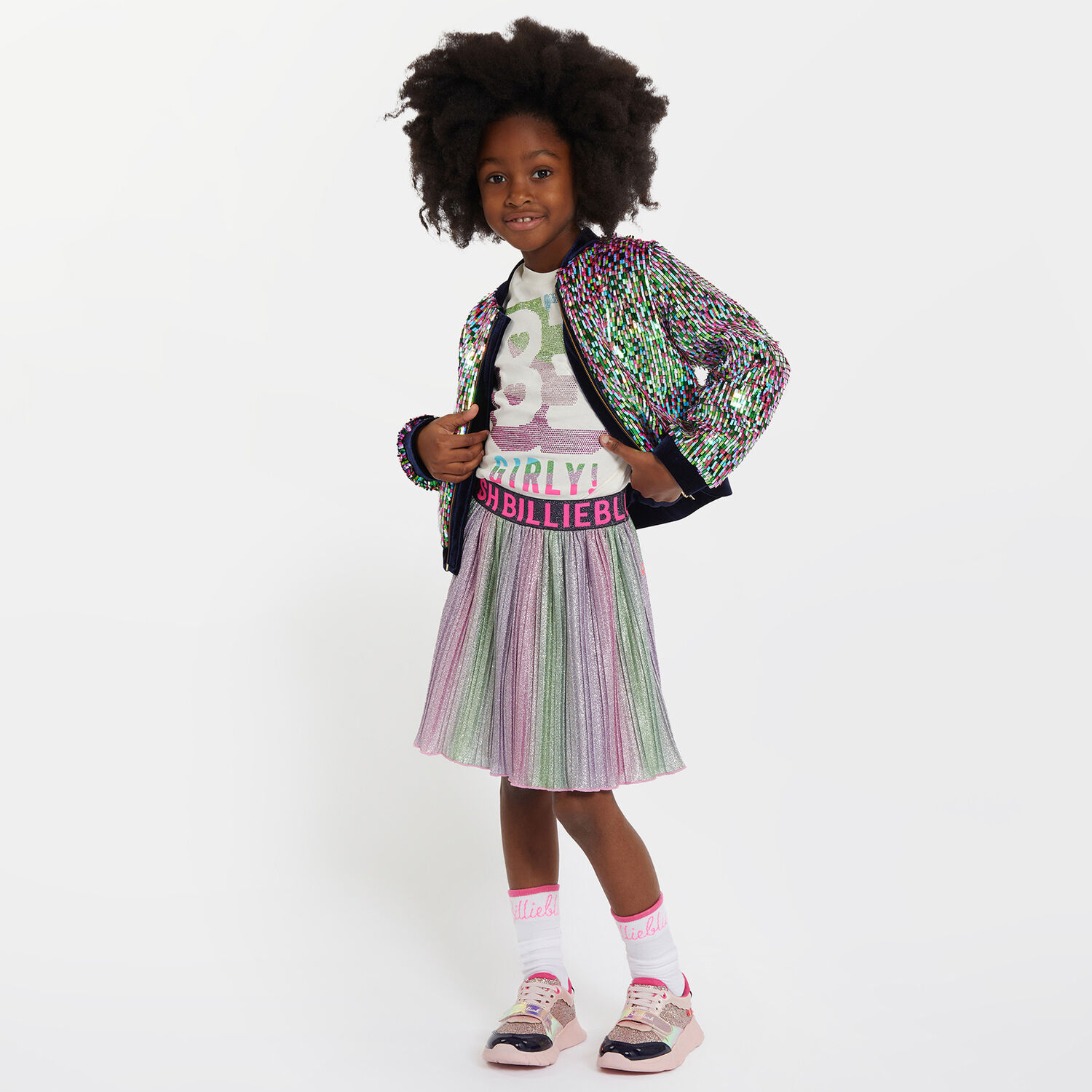 Girls Pink, Green & Purple Logo Pleated Skirt, 1, hi-res