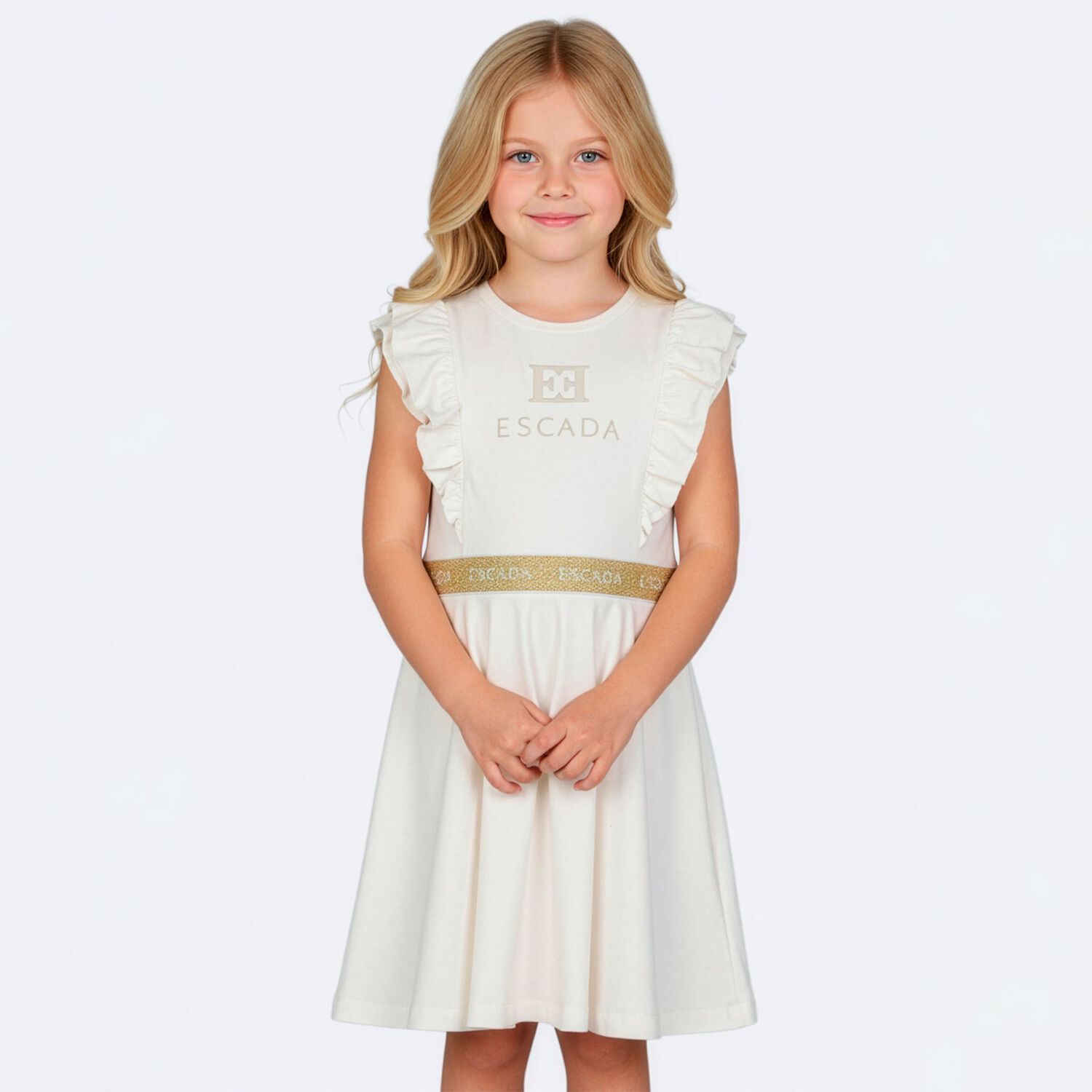Girls Ivory & Gold Logo Ruffled Dress, 1, hi-res