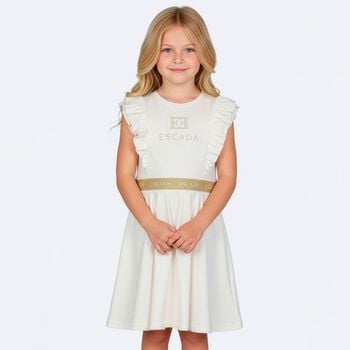 Girls Ivory & Gold Logo Ruffled Dress