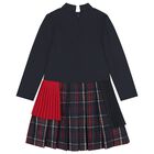 Girls Navy Blue & Tartan Dress, 1, hi-res