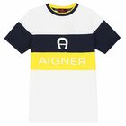 Boys White, Navy & Yellow Logo T-Shirt, 1, hi-res