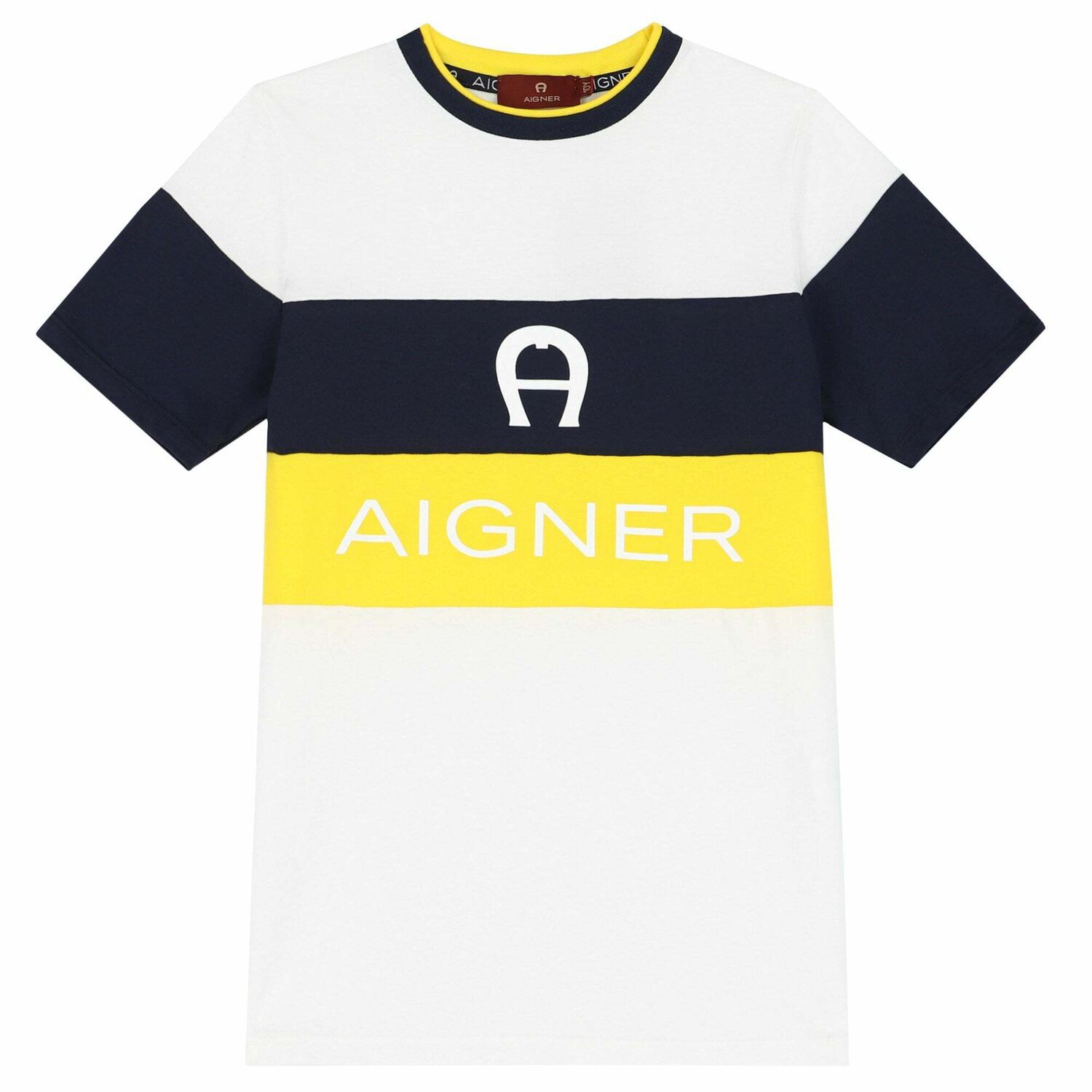 Boys White, Navy & Yellow Logo T-Shirt, 1, hi-res