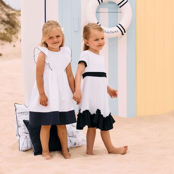 Girls White & Navy Blue Ruffled Dress