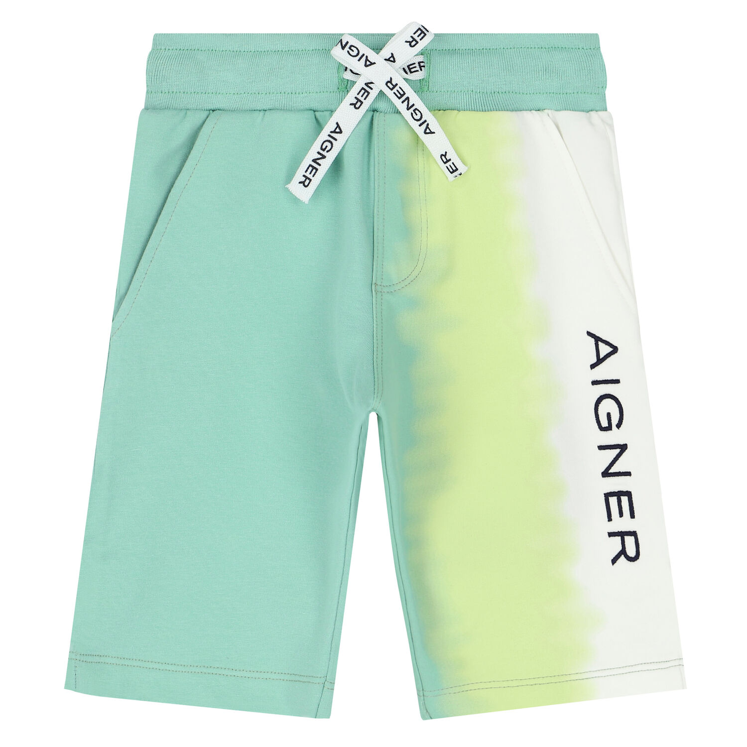 Younger Boys Green & White Logo Shorts, 1, hi-res