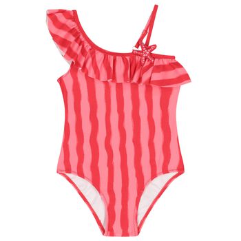 Girls Red & Pink Striped Swimsuit