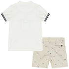 Younger Boys White & Beige Polo & Shorts Set, 2, hi-res