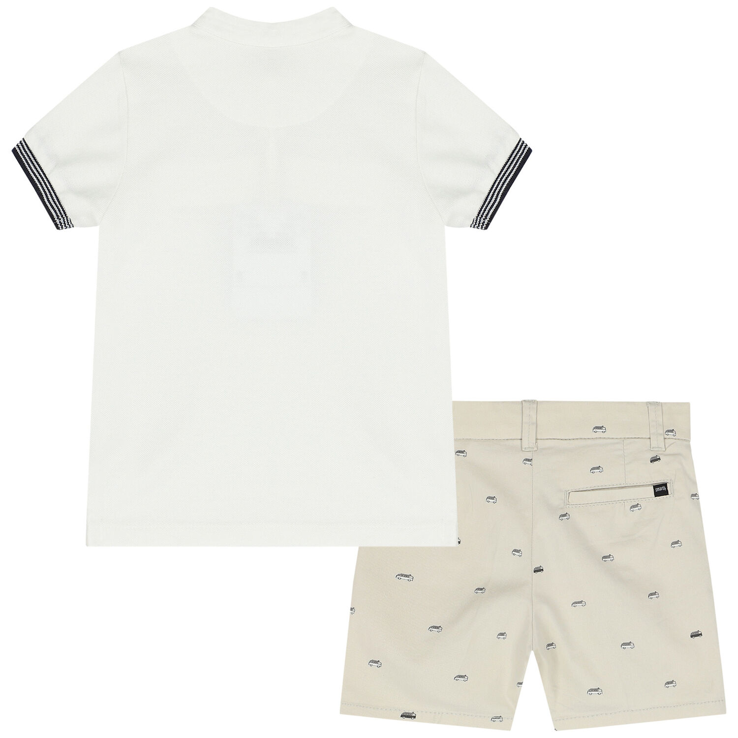 Younger Boys White & Beige Polo & Shorts Set, 2, hi-res