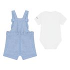 Baby Boys White & Blue Cotton Dungaree Set, 1, hi-res