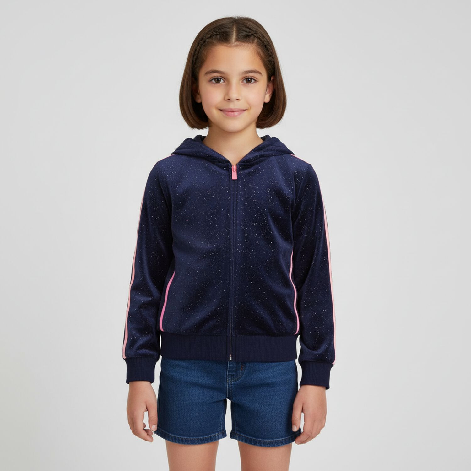 Girls Navy Blue & Pink Hooded Zip Up Top , 1, hi-res