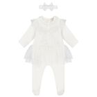 Baby Girls Ivory Bow Babygrow Set, 2, hi-res