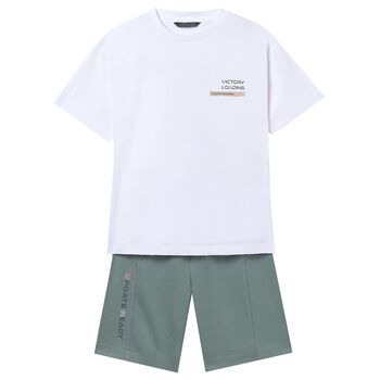 Boys White & Green Shorts Set
