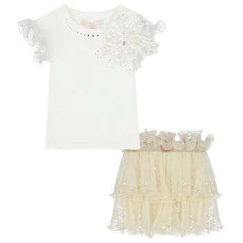 Girls White & Ivory Embellished Sequin Skirt Set