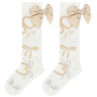 Girls Ivory & Gold Satin Bow Socks, 1, hi-res