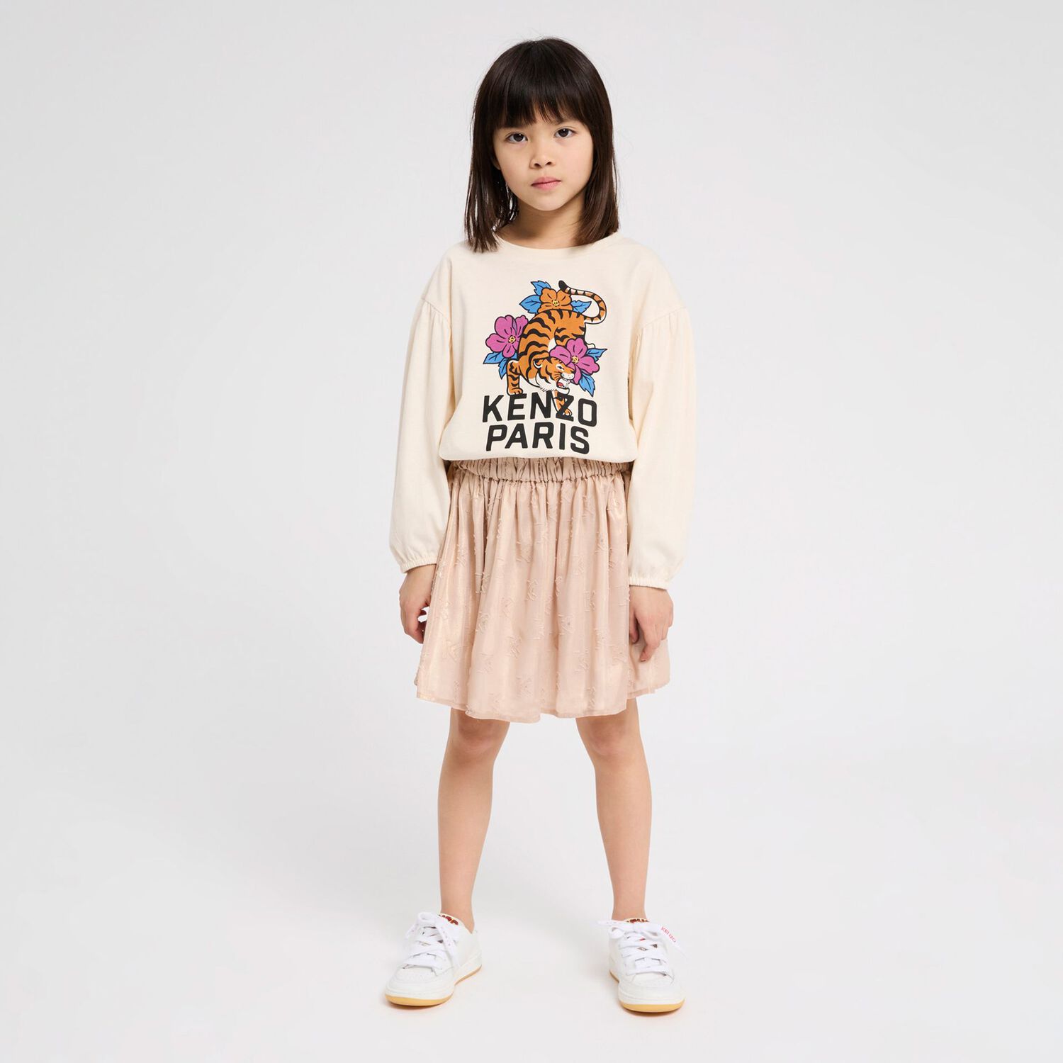 Girls Ivory Tiger Logo Long Sleeve Top, 1, hi-res