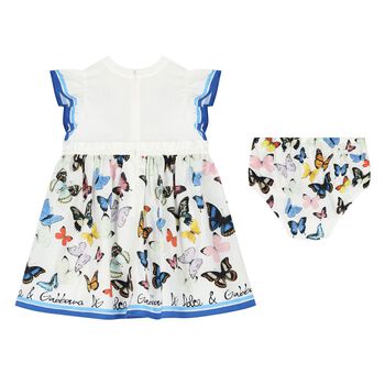 Younger Girls White & Blue Poplin Butterfly Print Dress