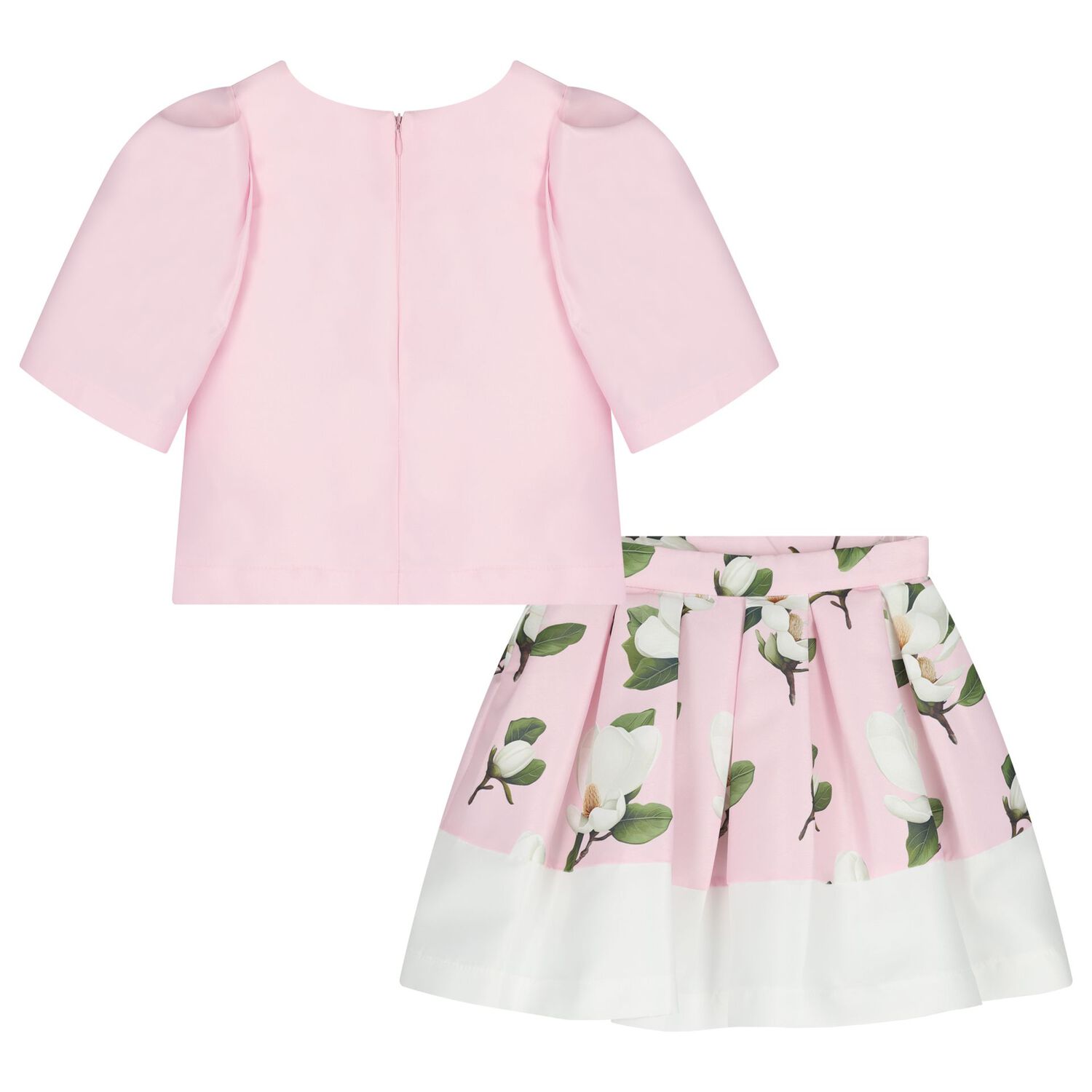 Girls Pink Floral Satin Skirt Set, 1, hi-res