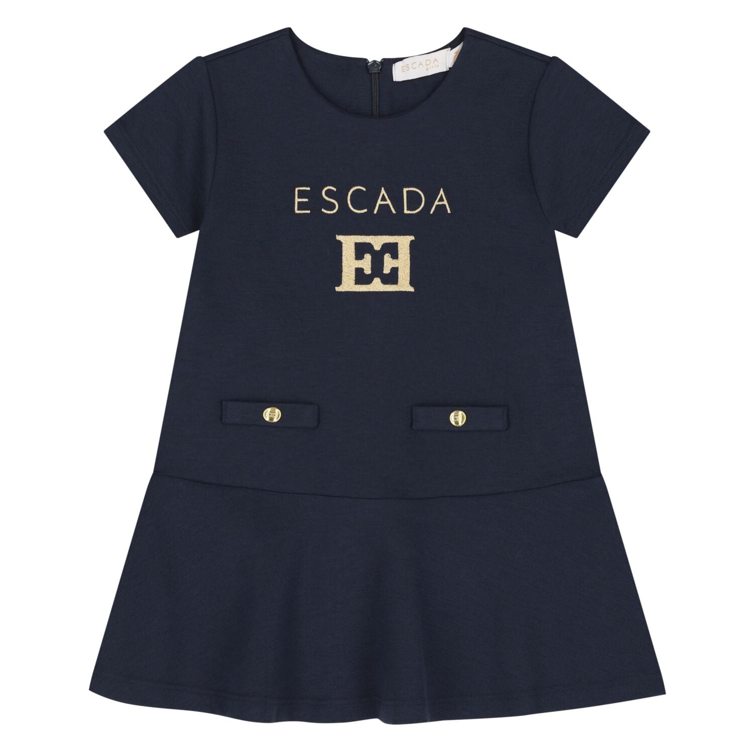 Younger Girls Navy BLue & Gold Logo Dress, 2, hi-res