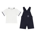 Baby Boys White & Navy Blue Logo Dungaree Set, 1, hi-res