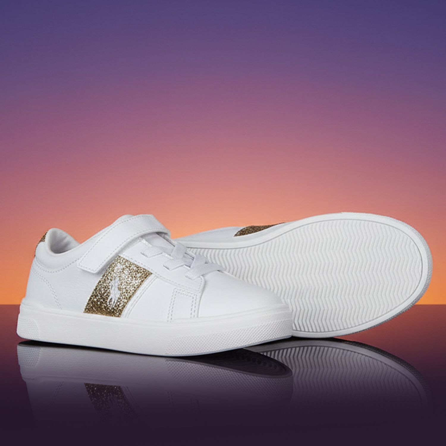 Girls White & Gold Logo Trainers, 1, hi-res