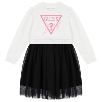 Girls White & Black Logo Tulle Dress